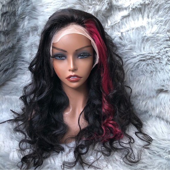 Sold ❗️ 100% Human Hair Lace Front Wig • Body Wave 28” Black w/ Hot Pink Stripe - Picture 10 of 15